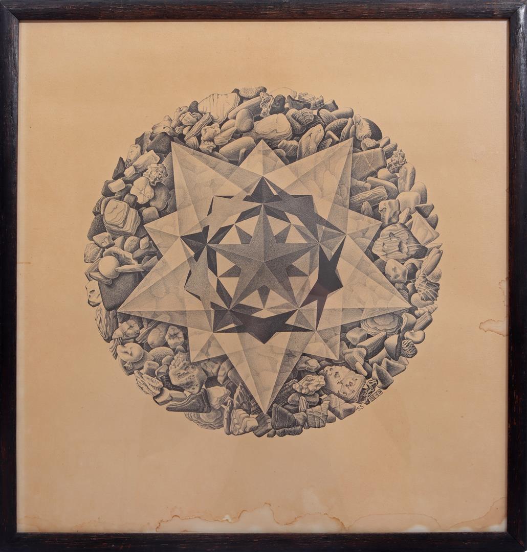 Lithograph by M.C. Escher titled Order and Chaos with water damage
