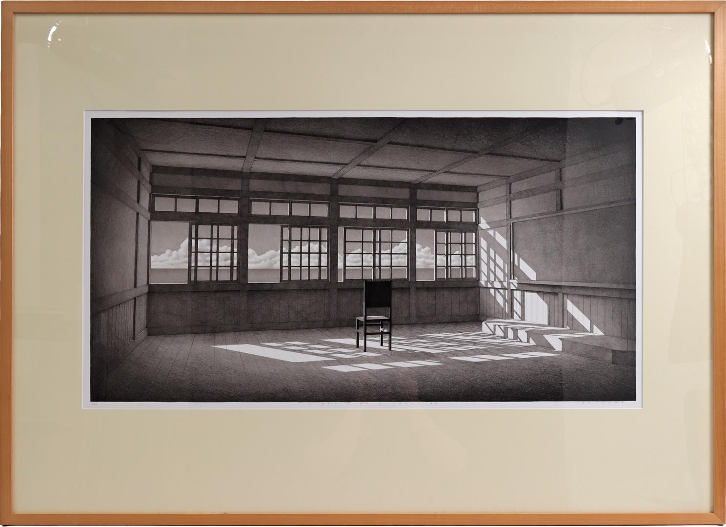 Black and white lithograph by Keisuke Yamamoto of a solitary chair in an otherwise empty room with dramatic lighting. In the background, a large window section with clouds behind it.