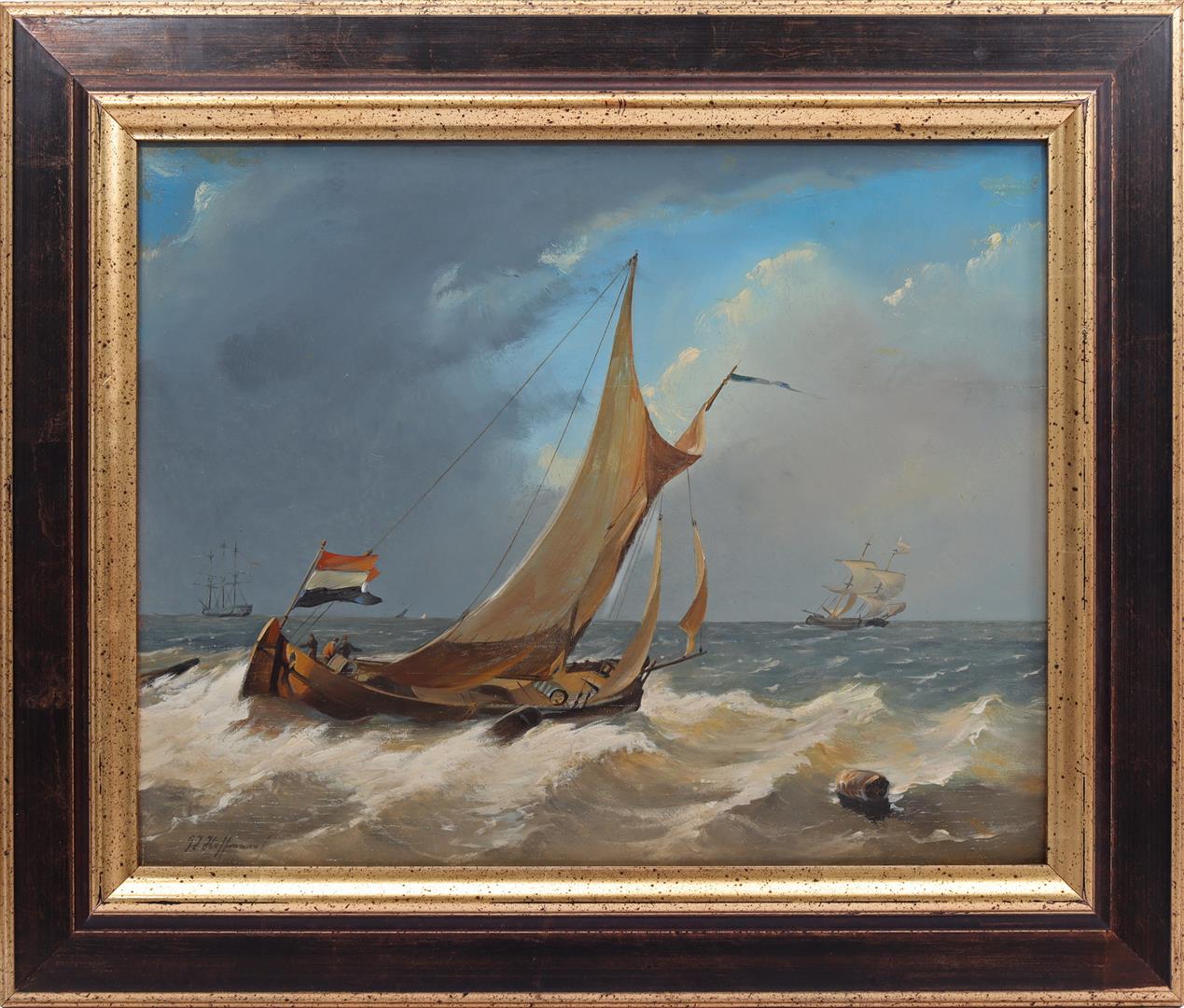 Painting of a flat-bottomed boat on the open sea with tricolor at the helm